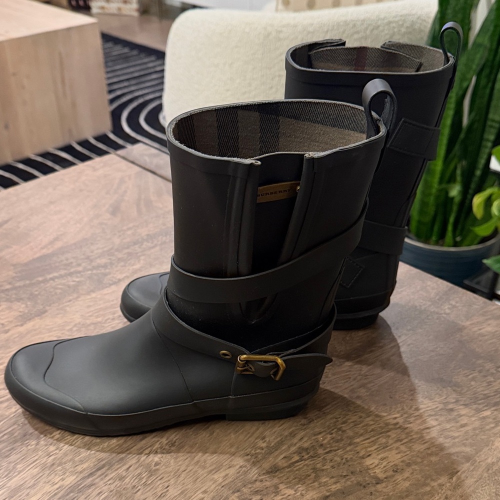 Burberry Black Rubber Ankle Boots with Buckle